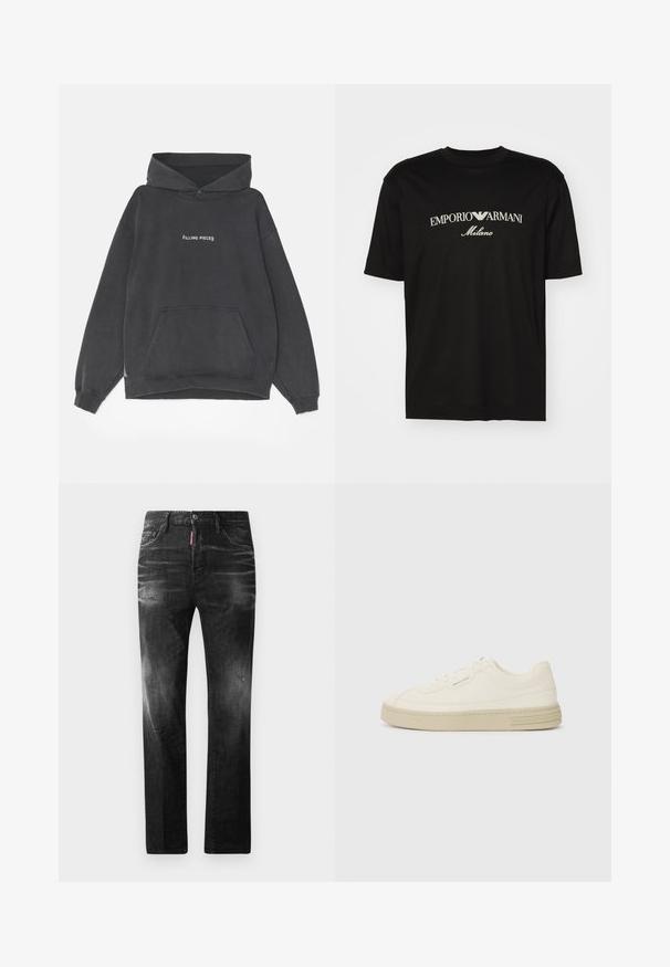 Filling Pieces HANDSHAKE VINTAGE - Mikina s kapucí - black; Černé bavlněné tričko s kulatým výstřihem, krátkými rukávy a logem "EMPORIO ARMANI" v bílém nad nápisem "Milano" v zakřiveném provedení.; Černé džíny z denimu se rovnými nohavicemi. Obsahují vybledlé oblasti, drobné poškození, klasický pětikapsový design a zapínání na knoflík.; Bílé plátěné tenisky s texturovanou gumovou podrážkou, se šitým špičkovým krytem a logem na patě. Jednoduchý design na šněrování.