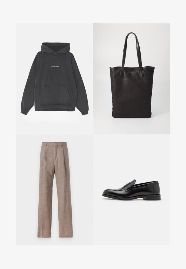 Filling Pieces HANDSHAKE VINTAGE - Jersey con capucha - black; Pantalones marrones de cintura alta hechos de una tela texturizada. Presentan piernas anchas y dos pliegues frontales para dar estructura. Acabado limpio sin hardware visible.; Mocasines de cuero negro con una textura suave, puntera redondeada y una tira decorativa en el empeine. Tacón bajo apilado, diseño minimalista.; Bolsa tote de lona negra con asas de cuero negro. Diseño sencillo, cuerpo espacioso y textura suave. Sin logos ni patrones visibles.