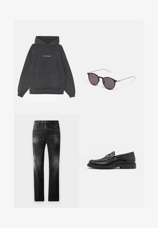 Filling Pieces HANDSHAKE VINTAGE - Jersey con capucha - black; Jeans de mezclilla negra con un corte recto. Presentan áreas desgastadas, un ligero desgasto, diseño clásico de cinco bolsillos y cierre de botón.; Mocasines de cuero negro con punta redondeada, que cuentan con un detalle de herrajes dorados y costuras, situados sobre una suela de goma texturizada y baja.; Gafas de sol redondas negras con lentes oscuros y brazos metálicos delgados. Incluye puntas de varilla transparentes y acentos plateados en la bisagra. Diseño minimalista.