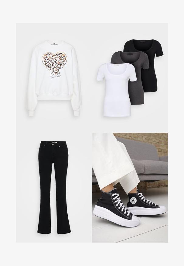 Hvid sweatshirt med leopardprint hjerte design, fremhævet med guldkanter, og teksten "Kærlighed svigter aldrig" i sort skrivestil.; Tre tætsiddende T-shirts i hvid, grå og sort. Hver af dem har en bred scoop-udskæring og korte ærmer. Fremstillet af glat, strækbart stof.; Sorte flare jeans lavet af denim, med et klassisk fem-lomme design, sølvhardware og en knaplukning ved livet.; Sorte sneakers med højt skaft, hvide gummisåler og snørebånd. Har en rund logo-patch og kontrasterende hvide syninger. Fremstillet af lærredsmateriale.