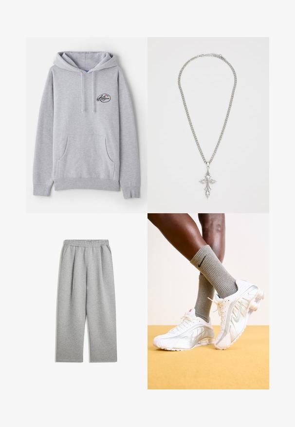 Light gray hoodie made of cotton blend. Features a kangaroo pocket, drawstrings, and a small logo with colorful accents on the chest.; Light gray sweatpants with elastic waistband and side pockets, straight leg cut, made of soft fabric.; Nike sneakers in white with silver accents, featuring textured panels and perforations. Paired with gray ribbed socks, set against a yellow background.; Silver chain necklace featuring a large, ornate cross pendant with sharp accents and a polished finish. The chain is thick and flat.