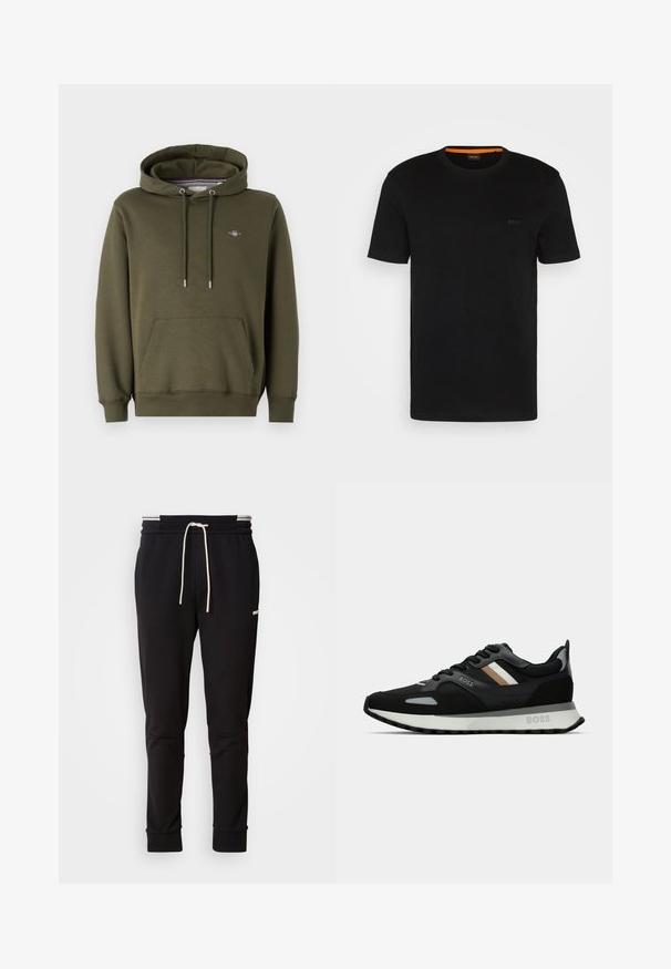 Olijfgroene hoodie van katoenmix, met een voorzak, verstelbare koordjes en een klein logo op de borst.; Zwarte korte mouwen t-shirt gemaakt van zachte stof, met een ronde halslijn en een subtiel logo op de voorkant. Binnenkant van de kraag heeft een oranje accent.; Zwarte slim-fit joggerbroek met witte trekkoord, ribgebreide boorden en subtiele logo op de bovenbenen, tegen een effen achtergrond.; Zwarte hardloopschoen met een gestructureerd oppervlak, lichtgrijze accenten en drie horizontale strepen in bruin. Voorzien van een witte, gevoerde zool.