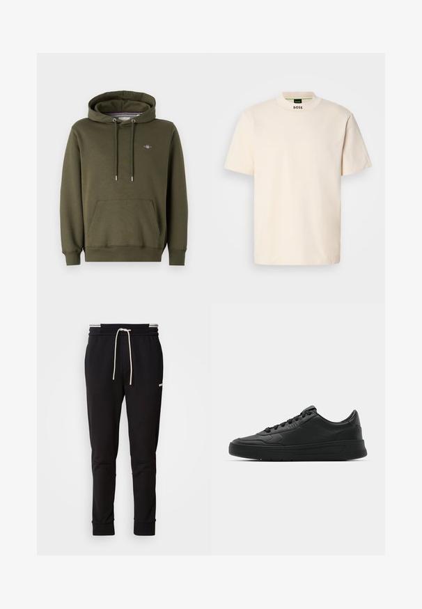 Felpa verde oliva realizzata in tessuto misto cotone, con tasca a marsupio frontale, coulisse regolabile e un piccolo logo sul petto.; Maglietta a maniche corte color crema con colletto alto, con la scritta "BOSS" stampata in nero sulla parte anteriore del collo e sull'etichetta interna.; Pantaloni jogger slim-fit neri con cordoncino bianco, polsini a coste e logo discreto sulla coscia contro uno sfondo uniforme.; Sneaker nera con tomaia in pelle liscia, punta rotonda, lacci piatti, collare imbottito e design minimalista. Suola in gomma con un delicato motivo a rilievo.