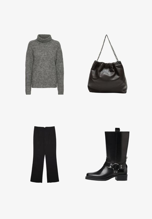 Šedý rolák vyrobený z měkkého pleteného materiálu, s volným střihem a dlouhými rukávy s jemnou strukturou po celé ploše.; Černé kalhoty s rovným střihem, s předními kapsami a bočními rozparky na lemu. Vyrobené z jemné, hladké tkaniny. Vhodné na různé příležitosti.; Černá kožená vysoká bunda s špičatou špičkou, stříbrnými sponami a robustní podešví. Obsahuje poutko pro snadné obutí.; Hnědá kožená taška se sbíraným vrškem a řetízkovým popruhem. Hladký povrch s lesklým finišem a jemným švem na bocích.