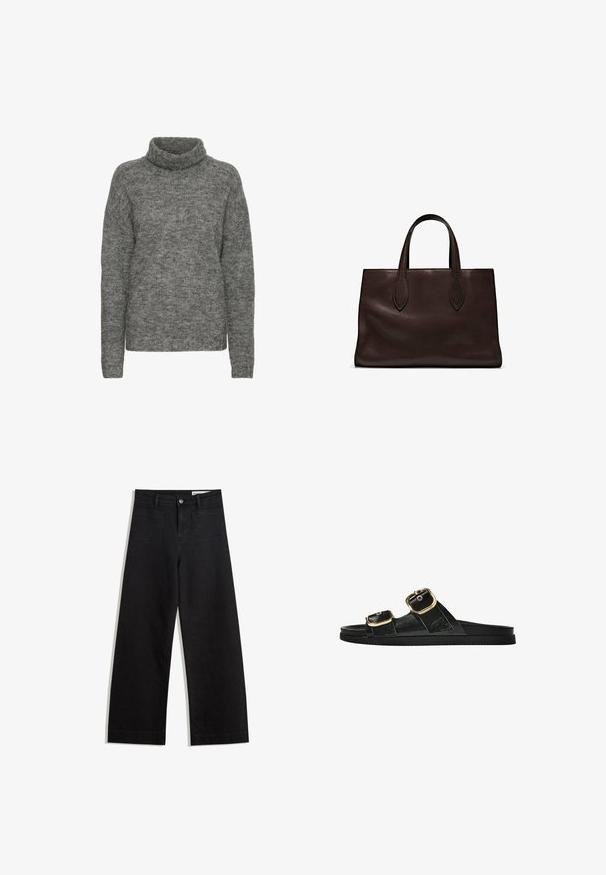 Grijze coltrui gemaakt van zacht breimateriaal, met een ontspannen pasvorm en lange mouwen met een subtiele textuur.; Zwarte denim broek met wijde pijpen en een hoge taille, voorzien van voor- en achterzakken, gestikte naden en een knoopsluiting. Gladde textuur.; Zwarte slipper met twee gouden gesps, gladde textuur, platte zool en een minimalistisch ontwerp.; Bruine leren tote bag met twee verlengde handvatten, gestructureerde rechthoekige vorm, gladde textuur en subtiele stiksels.