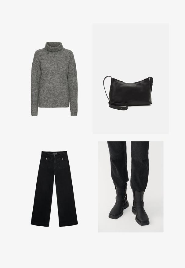 Grauer Rollkragenpullover aus weichem Strickmaterial, mit einer lockeren Passform und langen Ärmeln, die eine subtile Textur aufweisen.; Schwarze, weit geschnittene Jeans mit hoher Taille, die zwei Fronttaschen und metallene Knopfakzente aufweist. Der Stoff hat eine glatte Textur.; Schwarze Leder-Stiefeletten mit eckiger Zehenpartie, ausgestattet mit einem breiten Riemen und metallischem Schnallen-Detail. Die Stiefel haben eine klobige Sohle und eine glatte Textur.; Schwarze Ledertasche für die Schulter mit glatter Textur, geschwungener Form, verstellbarem Tragegurt und Reißverschluss. Minimalistisches Design ohne Verzierungen.