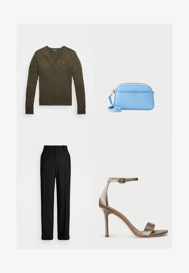 Suéter em ponto cabos verde oliva com decote em V, punhos e barra canelados, apresentando um pequeno logotipo laranja no peito. Feito de uma suave mistura de algodão.; Polo Ralph Lauren HIGH RISE RELAXED STRAIGHT TROUSER - Calças - black; Sandal com salto alto em cetim prateado, com uma faixa no tornozelo e um fivela decorativa. Ponta aberta e design elegante e esguio.; Bolsa crossbody em couro azul claro com acessórios em tom de ouro, fecho em zip, e um bolso frontal. Apresenta uma alça ajustável para conveniência.
