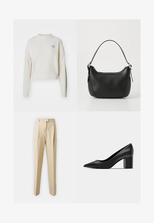 Bela rebrasta pletena bunda z visokim ovratnikom in spuštenimi ramenimi. Ima majhen modri smeški logotip na prsih. Skrajšan dizajn.; Bež hlače s krojem ravne nogavice, ki imajo zadrgo, pas ter gladko teksturo. Brez vidnih žepov ali okrasnih elementov.; Črne usnjene pete z ostrim nosom in masivnim kvadrataškim peto. Gladka textura, preprost dizajn, primeren za formalne priložnosti.; Črna usnjena torbica s curved obliko, srebrnim zadrgo in kratkim ročajem. Na sprednji strani se nahaja subtilen logotip in gladka tekstura.