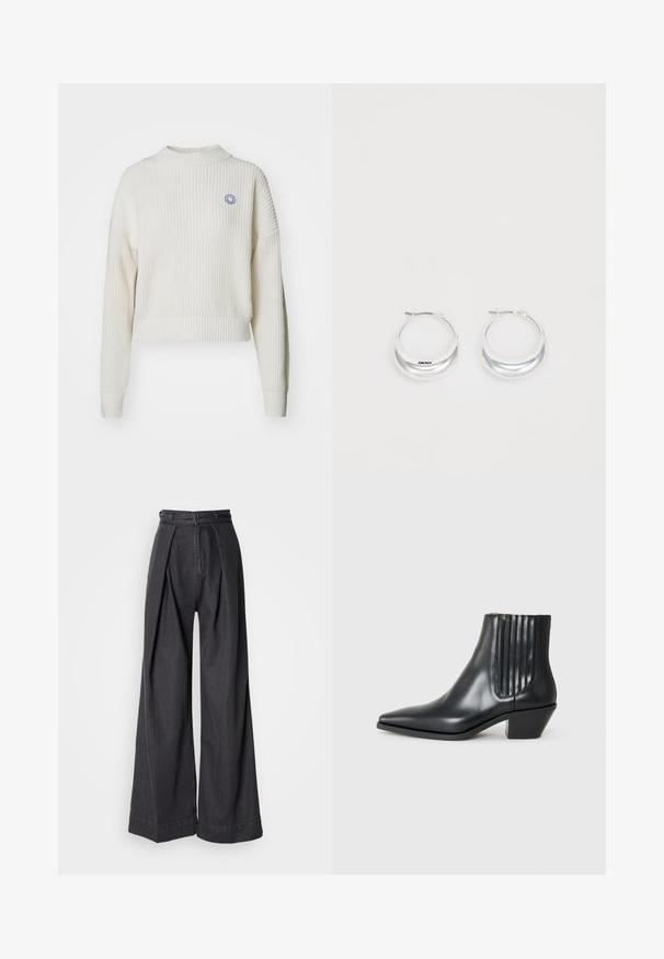 Vitt ribbat stickat tröja med hög krage och sänkta axlar. Har en liten blå smiley-logotyp på bröstet. Croppad design.; Bredbeniga svarta denimbyxor med hög midja, med framveck och en klassisk dragkedja. Knivskarp, slät textur med en ren finish.; Svart läderankelboot med spetsig tå, elastiska sidopaneler med vertikala spår och en låg blockklack. Slät textur och stilren design.; Silvriga hoopörhängen med en polerad yta och DKNY-logotyp, visade mot en enfärgad vit bakgrund.