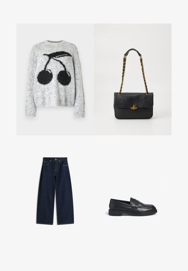 Noisy May NMSUTTON CHERRY - Jumper - light grey melange; Dark blue wide-leg denim jeans with front pockets, button closure, and visible stitching on a white background.; Black leather loafers with a low block heel, featuring a woven accent on the vamp and decorative stitching along the edges.; Black leather handbag with a fold-over flap, gold-tone chain strap, and logo hardware detail on the front. Smooth texture.