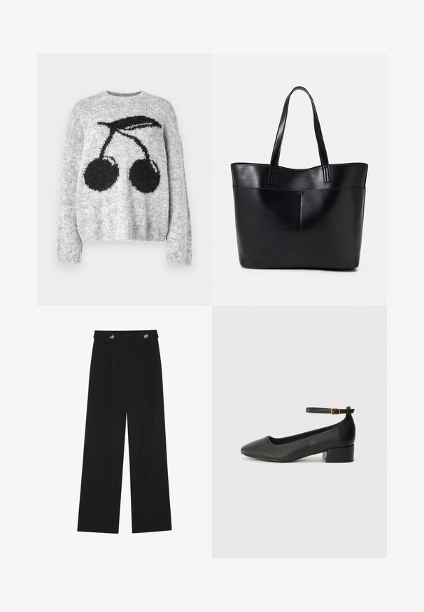 Noisy May NMSUTTON CHERRY - Pulover - light grey melange; Črne široke hlače s visokim pasom, gumbnimi detajli na pasu in sprednjimi gubami.; Črne usnjene pumpice z nazobčanimi prsti in nizko blokasto peto. Imajo trak okoli gležnja z zaponko v zlatem tonu. Gladka tekstura.; Črna usnjena torba z dvema dolgima ročajema, gladko teksturo in strukturirano obliko. Ima sprednji žep za dodatno shranjevanje.