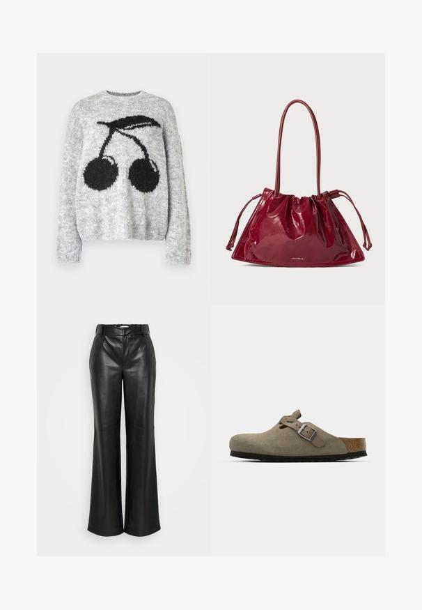 Noisy May NMSUTTON CHERRY - Jumper - light grey melange; ONLY Tall ONLSMOOTH WIDE - Trousers - black; Suede clogs in light olive green with a molded cork and rubber sole. Features a side strap with a metal buckle and a rounded toe.; Red patent leather tote bag with a triangular shape, gathered drawstring top, and two long handles. Gold logo detail on the front.