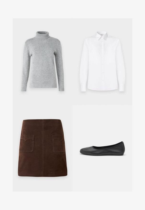 Světlý šedý rolák vyrobený z měkkého pleteného materiálu, s dlouhými rukávy a žebrovanou texturou na límci a lemu.; Bílá košile s dlouhým rukávem vyrobená z hladké tkaniny, s klopovým límečkem a předním zapínáním na knoflíky v světle růžové barvě.; Hnědá sukně z nubuku s klasickým áčkovým střihem, dvěma předními kapsami s zaoblenými klopami a subtilními švy.; Černé kožené baletní byty s kulatou špičkou, hladkou texturou, minimálními švy a flexibilním designem podrážky.