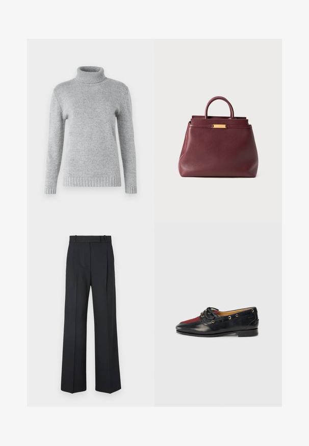 Heled halli kõrge kaelusega sviiter, mis on valmistatud pehmest kudumist, omades pikki varrukaid ning ribadena tekstuuri krael ja allääril.; Valge pikakäigeline särk, mis on valmistatud siledast kangast, millel on krae ning ees on väikeste roosade nuppudega nööpidega kinnitamine.; Tumed sinise triibuga püksid, kõrge vöökoht, laiad jalad ning ilma nähtavate metalldetailide või kaunistusteta. Sile tekstuur ja täpselt istuv lõige.; Must musta paadikets, millel on punane sametist varvas, kuldsed silmad ja dekoratiivne pael. Sile tekstuur madala plokkninaga.; Burgundia nahast käekott struktureeritud disainiga, millel on ülemine käepide ja kuldse tooni aktsent. Sujuv tekstuur, ilma nähtavate mustriteta.