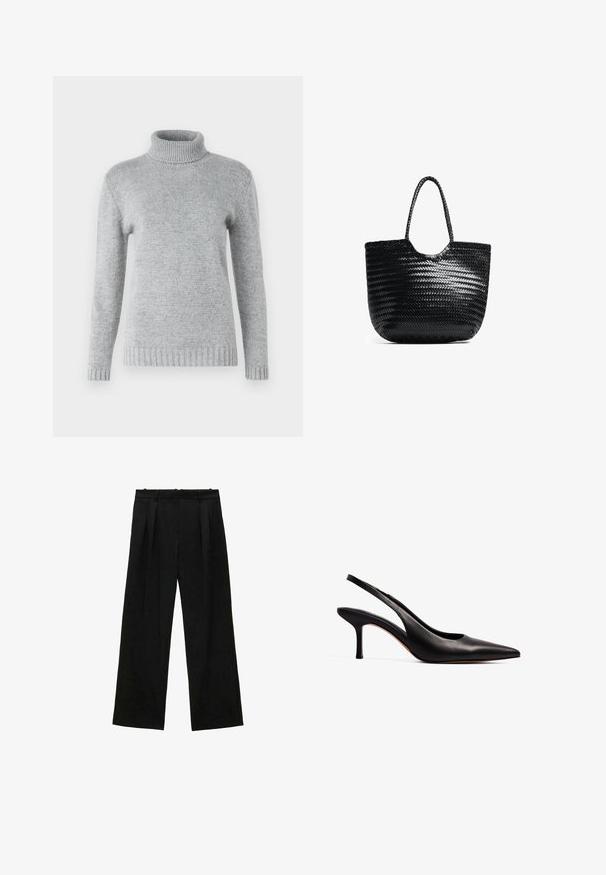 Maglione a collo alto grigio chiaro realizzato in morbido tessuto a maglia, con maniche lunghe e texture a coste sul colletto e sull'orlo.; Pantaloni neri a gamba larga con pieghe, caratterizzati da una texture liscia e un design a vita alta. Stile minimalista, senza hardware o decorazioni visibili.; NA-KD Decolleté - black; Borsa a spalla intrecciata nera con parte superiore arrotondata, cuciture laterali e due manici intrecciati. Presenta un motivo testurizzato e un ampio interno.