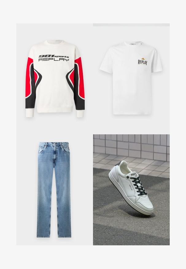 White sweatshirt with black and red curved sleeve panels, featuring "981 sports REPLAY" text across the chest in black letters.; White cotton t-shirt with short sleeves, featuring a black and gold "REPLAY GRAND HOTEL" logo on the left chest. Simple design, regular fit.; Light blue denim straight-leg jeans with pockets, copper rivets, and a button closure. Features a faded design and a clean hem.; White leather sneaker with perforated toe, black laces, and heel accent. Features "REPLAY" branding and a solid rubber sole.