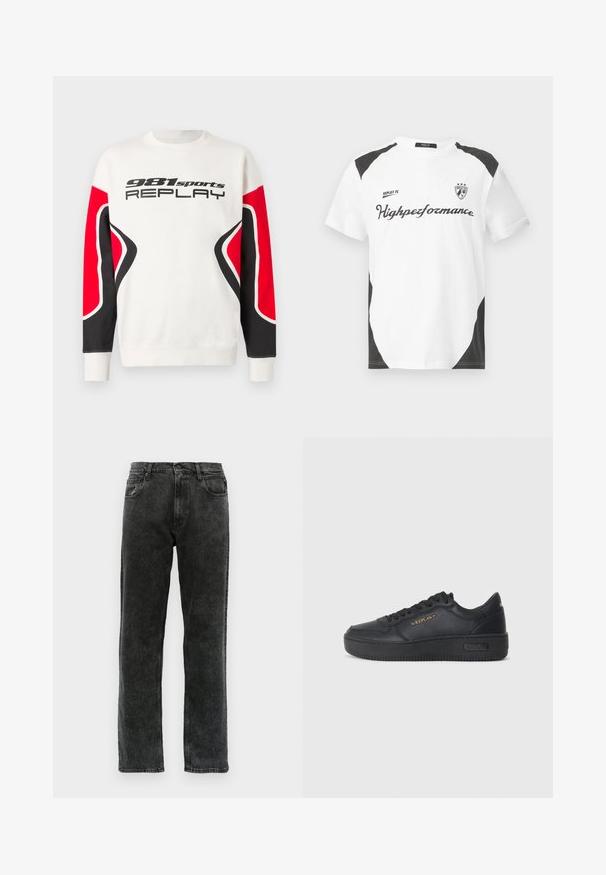 Hanorac alb cu panouri curbate pe mâneci negre și roșii, având inscripția „981 sports REPLAY” pe piept în litere negre.; Tricou alb cu mânecă scurtă și accente negre. Prezintă logo-ul "REPLAY FC" și textul "Highpeformance" într-un font sportiv. Fabricat dintr-un material neted.; Jeans negri din denim cu croi drept, având cinci buzunare, închidere cu nasture și decolorări subtile pe țesătură.; Replay EPIC HIGH - Sneakers low - black