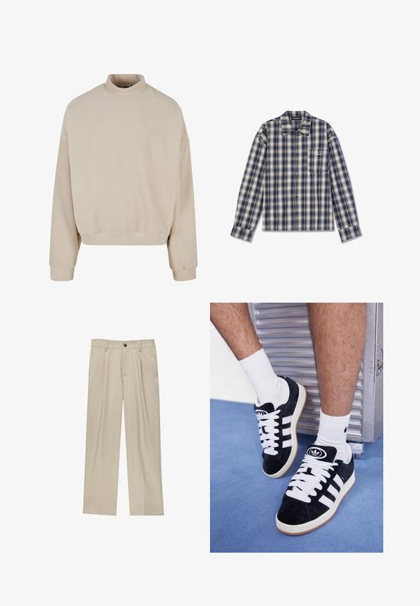 Bežová fleecová mikina s vysokým golierom, voľným strihom, spustenými ramenami a rebrovanými manžetami. Mäkká textúra a jednoduchý dizajn bez vzorov.; Dlhý rukáv, károvaná košeľa v námorníckej modrej a krémovej farbe s zapínaním na gombíky, golierom a malou náprsné vreckom so bielym textom.; Béžové nohavice s rovný strihom, s jedným čiernym gombíkom, pútkami na opasok a bočnými vreckami. Hladká textúra látky a minimálny dizajn.; Čierne semišové tenisky s bielymi šnúrkami a tromi bielymi pruhmi. Obsahujú kruhové čierne logo na jazyku a gumovú podrážku.