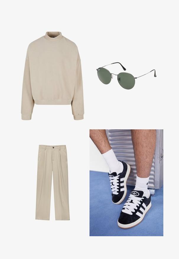 Felpa in pile beige con colletto alto, vestibilità ampia, spalle cadute e polsini a coste. Texture morbida e design semplice senza motivi.; Pantaloni beige a taglio dritto, con un solo bottone nero, passanti per la cintura e tasche laterali. Tessuto dalla texture liscia e design minimale.; Sneakers in suede nero con lacci bianchi e tre strisce bianche. Presentano un logo circolare nero sulla linguetta e una suola in gomma color gomma.; Occhiali da sole con montatura in metallo e lenti verdi ovali. Montatura sottile in metallo argento e terminali neri. Design minimalista, senza loghi visibili.