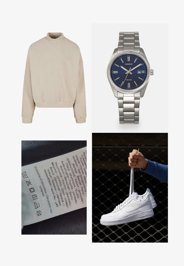 Beige fleece sweatshirt met hoge hals, losse pasvorm, verlaagde schouders en geribbelde manchetten. Zachte textuur en eenvoudig ontwerp zonder patronen.; Label tag met meertalige tekst, zorgsymbolen en recyclingiconen, gedrukt op een zacht textielachtig materiaal in een lichte kleur.; Witte leren sneakers met perforaties, ronde neus, vlakke zool en dikke veters, met een zichtbare swoosh-logo en "AIR" op de hiel.; Zilveren roestvrijstalen horloge met een marineblauwe wijzerplaat, metalen uurmarkeringen en een datumnis op 3 uur. Waterbestendig tot 50 meter.
