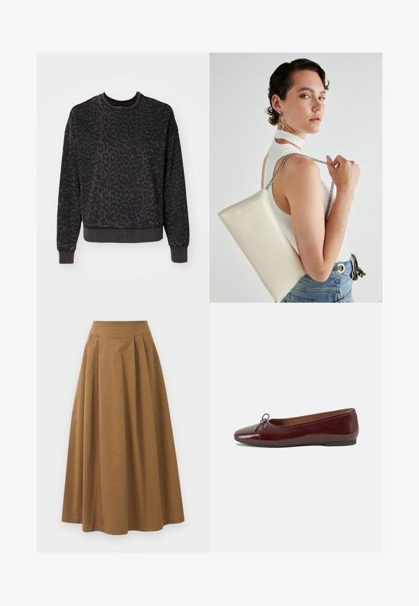 ONLY ONLVOICE O NECK - Sweatshirt - black; Brun bomull A-linje skjørt med høy midje, med folder foran og en jevn tekstur. Kantene er rene og enkle.; Burgunderrød lakk lær ballettleilighet med rund tå, liten sløyfe foran og en lav, svart gummisåle. Glatt tekstur.; Hvit rektangulær clutch-veske laget av blankt materiale, med en sølvkjede-stropp. Modellen poserer og viser vesken mot en ensfarget bakgrunn.