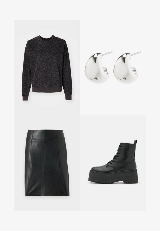 ONLY ONLVOICE O NECK - Ikdienas džemperis - black; Melnas ādas svārki ar pieguļošu dizainu. Gluda tekstūra, šuves izceļ formu un taisna apakšmalu. Minimālistiska un eleganta izskata.; Melni potītes zābaki ar masīvu platformu, izgatavoti no gludas ādas, ar šņorēšanas dizainu un cilpu aizmugurē.; Sudraba auskari ar gludu, izliekta dizaina. Tie ir ar pulētu apdari un ir aprīkoti ar aizdari, kas nodrošina drošu valkāšanu.