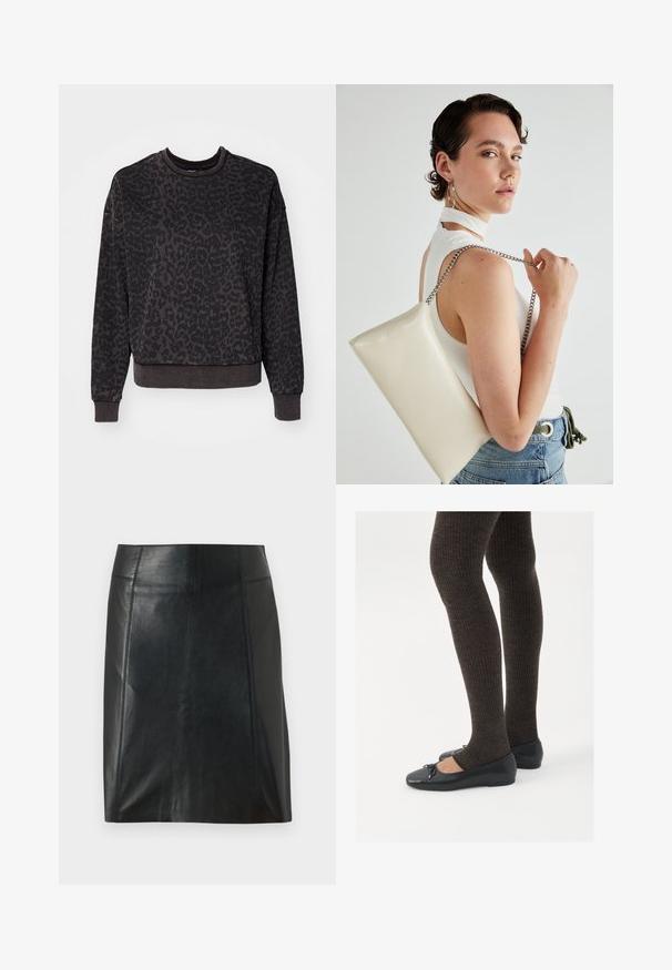 ONLY ONLVOICE O NECK - Melegítőfelső - black; Fekete bőr szoknya testhezálló szabással. Sima textúra, varratok, amelyek körvonalazzák a formát, és egyenes szegély. Minimalista és karcsú megjelenés.; Fekete lapos cipők kis masni díszítéssel az orrán, sötétbarna bordázott harisnyával párosítva. A cipők sima textúrával és alacsony profilúak.; Fehér, téglalap alakú, fényes anyagból készült clutch táska, ezüst láncos pánttal. A modell pózol, bemutatva a táskát egy egyszínű háttér előtt.