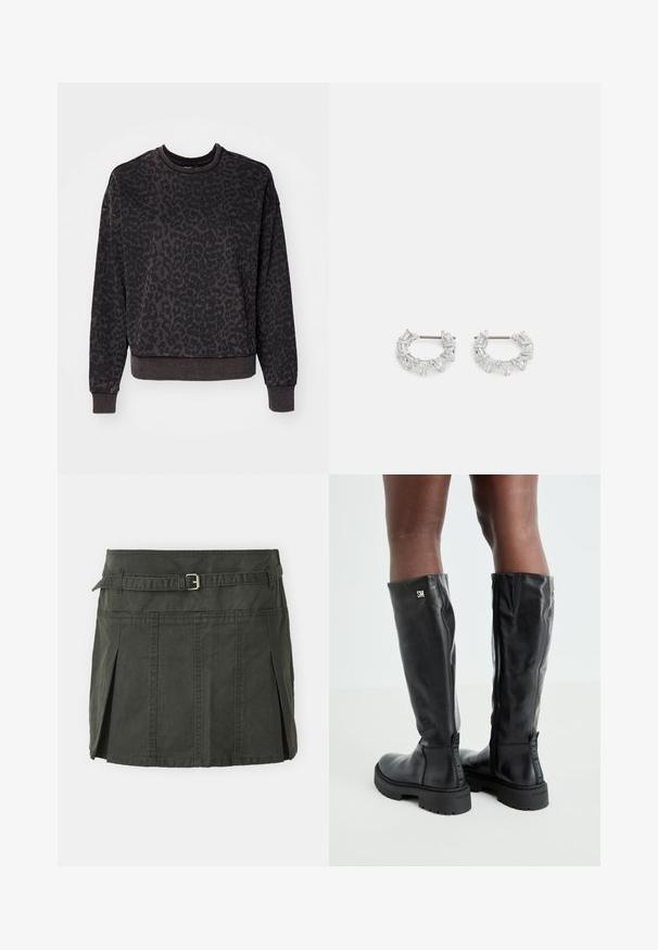 ONLY ONLVOICE O NECK - Sportska majica - black; Tamnozelena pamučna mini suknja s uskim strukom, remenom i prednjim plisama. Sadrži detalje šivanja i klasičan kroj.; Crne kožne čizme do koljena s glatkom teksturom, okruglim vrhom, debelim potplatom i zatvaranjem na patentni zatvarač. Sadrže srebrni logo sa strane.; Srebrne naušnice s okruglom petljom koje sadrže prozirne, pravokutne i trokutaste kristale raspoređene u uzorak. Kopče za sigurno pričvršćivanje.