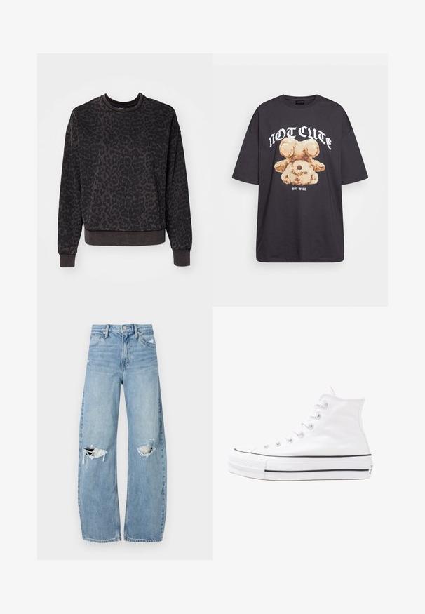 ONLY ONLVOICE O NECK - Camisola - black; T-shirt oversized preto com uma gráfica de um urso e o texto "NÃO FOFO, MAS SELVAGEM" em letras brancas e em negrito. Material em algodão.; Jeans de lavagem clara, de cintura alta, feitos de denim. Apresentam pernas largas, duas áreas rasgadas nos joelhos e o estilo clássico de cinco bolsos.; Sapatilha alta de tela branca com sola de borracha preta, bico de borracha na frente e seis ilhós para os atacadores, apresentando um design limpo e minimalista.