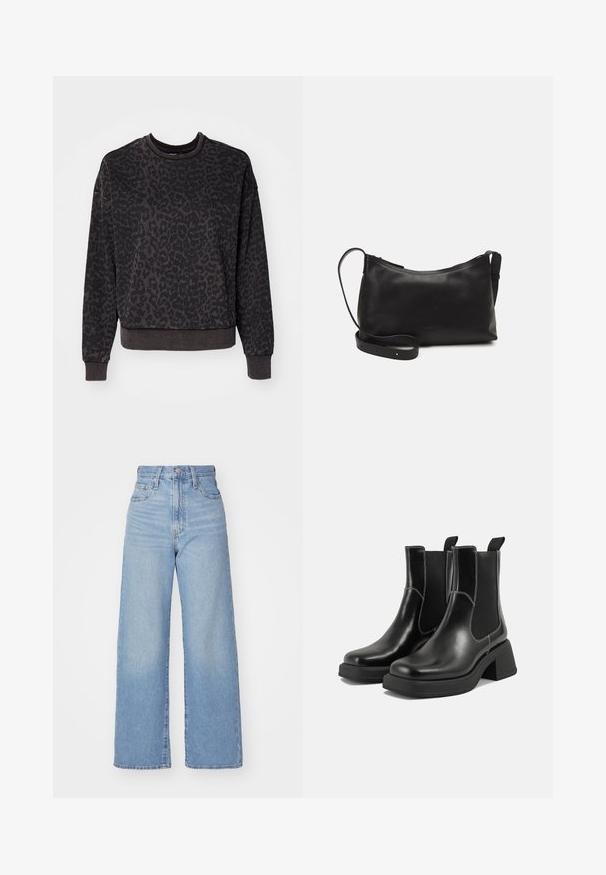 ONLY ONLVOICE O NECK - Sweatshirt - black; Lys blå høytlivs vide jeans med knapp- og glidelås lukking foran, foran og bak lommer, på en hvit bakgrunn.; Sorte lær Chelsea støvler med en kraftig hæl, elastiske sidepaneler og kontrasterende hvid syning. Teksturert overflate.; Svart skinn skulderveske med glatt tekstur, buet form, justerbar stropp og glidelås. Minimalistisk design uten dekorasjoner.