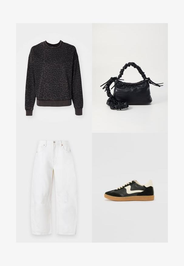 ONLY ONLVOICE O NECK - Melegítőfelső - black; Fehér, bő szabású denim farmernadrág gombos zárással, öt zsebbel és diszkrét varrási részletekkel. Puha tapintás és laza stílus. Nincsenek látható kopások.; Fekete velúr és bőr sneaker, krém színű oldalsó swoosh-sal és világos krém színű sarokkal. Beigézett fűzőkkel és gumi talppal rendelkezik.; Fekete műbőr kézi táska krokodil bőr textúrával, összehúzható tetejű és gyűrt pánttal. Lágy és kompakt dizájnúnak tűnik.