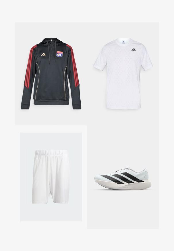 Svart hettegenser med røde stripete ermer, gullfarger og et brodert logo av Olympique Lyonnais på brystet.; Hvit t-skjorte med korte ermer som har et subtilt diamantmønster, laget av lett stoff, med en svart adidas-logo på brystet.; Hvite treningsshorts laget av lett stoff, med elastisk midje, glatt tekstur og knelengde.; Lette løpesko i lys blå med svarte striper. Har en myk overdel, rund tå og tykk hvit mellomsole merket "LIGHTSTRIKE PRO."