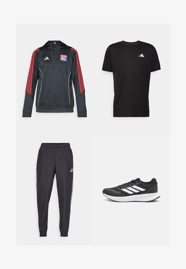 Sudadera negra con capucha, mangas a rayas rojas, detalles en dorado y un logotipo bordado del Olympique de Lyon en el pecho.; Camiseta de algodón negra con mangas cortas, cuello redondo y un logo blanco en el lado izquierdo del pecho. Textura suave y diseño sencillo.; Pantalones deportivos negros con cinturilla elástica, que presentan franjas blancas a lo largo de los lados y un pequeño logo en la cadera. Textura suave.; Zapatilla deportiva negra con parte superior de malla transpirable, acentos en blanco y una suela acolchada. Presenta el logo de tres rayas en el costado.
