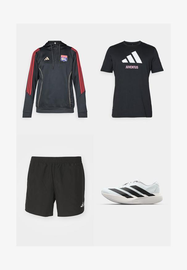 Fekete kapucnis pulóver piros csíkozott ujjal, arany részletekkel és az Olympique Lyonnais hímzett logójával a mellkasán.; adidas Performance JUVENTUS TURIN SEASONAL GRAPHIC TEE - Klubruházat - black; Fekete sportos rövidnadrág rugalmas derékkal, oldalsó hasítékokkal és fényvisszaverő logókkal. Könnyű, sima anyagból készült.; Világoskék, fekete csíkos könnyű futószerek. Simább felső résszel, kerek orral és vastag fehér középtalppal, amelyen a "LIGHTSTRIKE PRO" felirat olvasható.