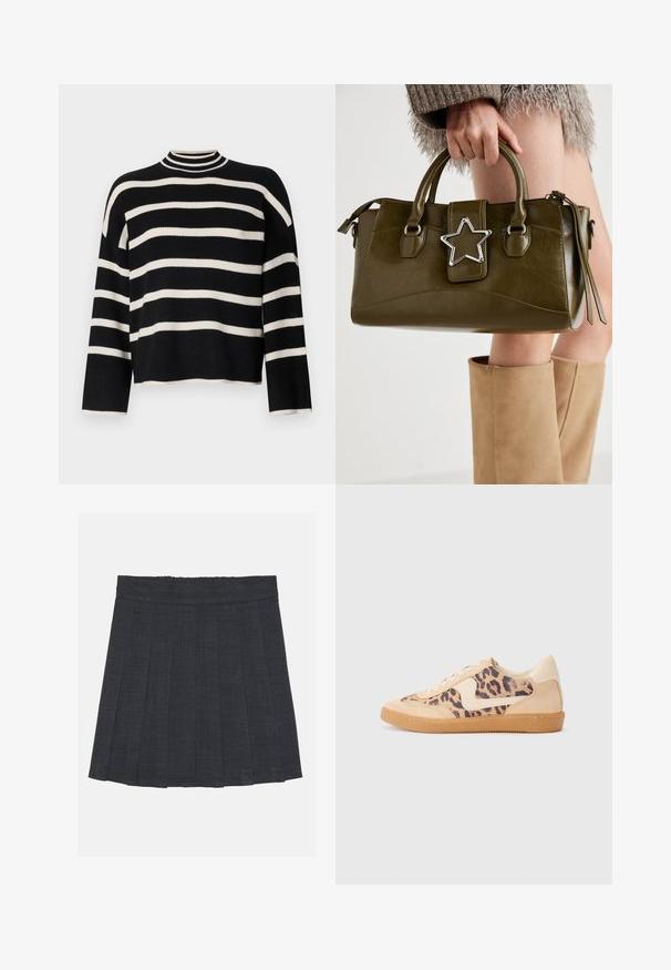 Maglione lavorato a maglia con colletto alto, caratterizzato da strisce orizzontali alternati nere e bianche, lunghezza cropped e maniche larghe.; Gonna a pieghe grigio scuro con vita elastica, caratterizzata da un tessuto testurizzato e da una classica silhouette a trapezio. Adatta per un abbigliamento casual.; Sneakers in stampa leopardata con parte superiore in suede beige, suola in gomma color caramello e dettagli bianchi. Punta rotonda e design con lacci, con una finitura testurizzata.; Borsa a mano in similpelle verde oliva con accentatura a stella argentata, manici doppi e chiusura con zip. Superficie testurizzata e forma strutturata.