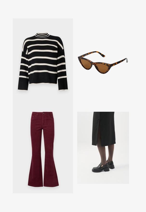 Mezgta megztinis su aukštu apykakle, su pakaitomis juodai baltomis horizontaliosiomis juostomis, sutrumpintu ilgimi ir plačiomis rankovėmis.; Burgundiškos aksominės platėjančios džinsai su penkiomis kišenėmis, priekiniais mygtukais ir tekstūruota medžiaga. Platėjimas prasideda nuo kelio iki apvado.; Juodos odinės bateliai su apvaliu nosiu, stora blokine pakulne ir elastingais šonais, derinami su tamsiomis pėdkelnėmis ir juoda sijonu su plyšiu.; Katės akies saulės akiniai su juodu ir oranžiniu šarvuotu rėmeliu, ruda objektyvu ir elegantiškais, smailiais galiukais. Rėmelyje yra minimalus logotipas ant šventės.