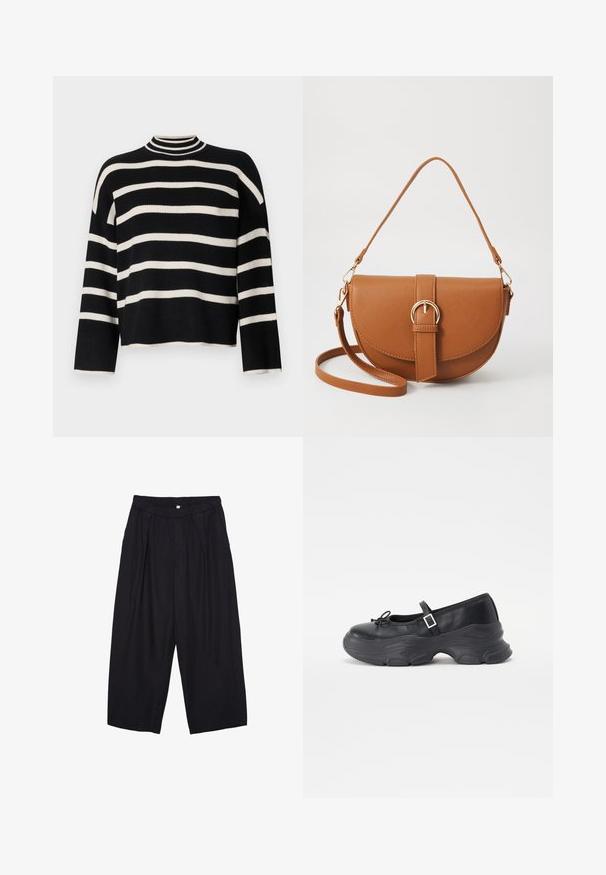 Gestrickter Pullover mit hohem Kragen, der abwechselnd schwarze und weiße horizontale Streifen aufweist, verkürzte Länge und weite Ärmel hat.; Schwarze Polyester-Culotte mit einem elastischen Bund, zwei vorderen Falten und einer lockeren Silhouette. Keine sichtbaren Muster oder Hardware-Details.; Schwarze Leder-Mary-Jane-Schuhe mit einer abgerundeten Zehenpartie, Schleifendetail und verstellbarem Knöchelriemen. Mit einer stabilen Gummisohle mit geschwungenen Akzenten.; Braune Leder-Crossbody-Tasche mit geschwungener Form, goldfarbenen Beschlägen und einer Schnallenakzentuierung. Verfügt über einen abnehmbaren Schultergurt.