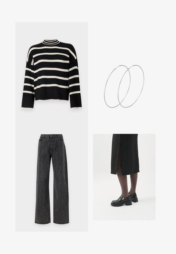 Strikket sweater med høj krave, der har skiftevis sorte og hvide vandrette striber, kort længde og brede ærmer.; Noisy May NMJANNEL LOOSE - Jeans Relaxed Fit - black denim; Sorte lædersko med rund tå, kraftig blokhæl og elastiske sideaccentuer, parret med mørke strømpebukser og en sort nederdel med slids.; Sølvøreringe med et minimalistisk design. Cirkulær form, glat tekstur og tynd profil. Letvægtige med en poleret overflade.