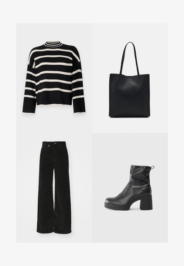 Adīts džemperis ar augstu apkakli, ar maiņojošām melnbaltām horizontālām svītrām, apgriezta garuma un platām piedurknēm.; Melnas korduroja platas kājas bikses ar augstu jostasvietu, kurām ir divas priekšējās kabatas un metāla pogas aizdare. Tekstūrēts audums ar vertikālām krokām.; Melni potītes zābaki, kas izgatavoti no gludas ādas, ar sānu rāvējslēdzēju, masīvu strukturētu papēdi un noapaļotu purngalu.; Melnas ādas somiņa ar gludu tekstūru, taisnstūra formu un divām garām rokturiem. Nav redzamu aparatūras vai rotājumu.