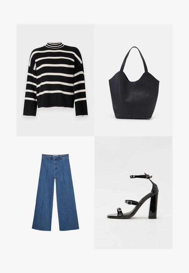 Sweter dzianinowy z wysokim kołnierzem, z naprzemiennymi czarnymi i białymi poziomymi paskami, krótką długością oraz szerokimi rękawami.; Jeans typu wide-leg w średnim niebieskim kolorze, z wysokim stanem, zapięciem na guziki oraz kontrastowymi szwami pionowymi z przodu.; Czarne lakierowane sandały na obcasie z kwadratowym noskiem, z paskami wokół kostki i srebrnymi klamrami. Posiadają masywny słupek dla stabilności.; Czarna torba na ramię wykonana z gładkiej skóry, z zaokrąglonym, otwartym topem i dwoma paskami na ramię oraz minimalistycznym designem.