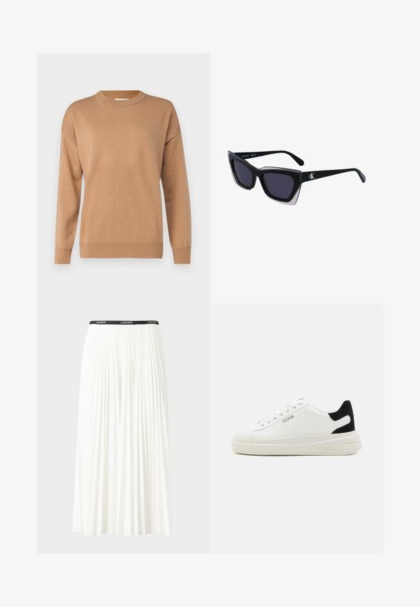 GANT C-NECK - Strickpullover - caramel beige; Faltenrock aus Weiß mit einem schwarzen elastischen Bund, der das "LACOSTE"-Logo trägt. Mittellanges Design mit weicher Textur.; Weiße Leder-Sneaker mit einer dicken weißen Sohle, schwarzem Wildlederakzent an der Ferse und geprägtem Logo an der Seite. Schnürdesign mit sechs Ösen.; Schwarze übergroße Sonnenbrille mit geometrischer Form, ausgestattet mit dunklen Gläsern und einem kontrastierenden grauen Detail im Rahmen. Logo am Bügel.