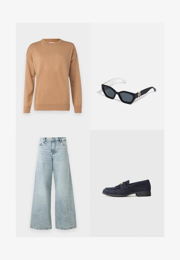GANT C-NECK - Jersey de punto - caramel beige; Jeans de mezclilla de tiro alto en azul claro, de pierna ancha, con cierre de botón, cinco bolsillos y detalles en el dobladillo deshilachado.; Mocasines de ante en color marino con un bajo tacón negro, que presentan un detalle decorativo de hardware dorado en la parte delantera y un diseño de punta redondeada.; Tommy Hilfiger Gafas de sol - blue