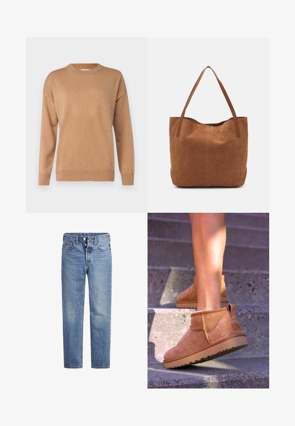 GANT C-NECK - Strickpullover - caramel beige; Helle blaue Jeans im geraden Schnitt, mit fünf Taschen und einem Knopfverschluss. Sie weisen dezente Verfärbungen und orangefarbene Nähte auf.; Beige Wildleder-Ankelstiefel mit weicher Textur, gesteppten Details und einer Gummisohle, ausgestattet mit einer Schlaufe an der Ferse für einfaches An- und Ausziehen.; Braune Wildleder-Tote mit zwei langen Henkeln, die eine glatte Textur, ein einfaches Design und keine sichtbaren Beschläge oder Akzente aufweist.