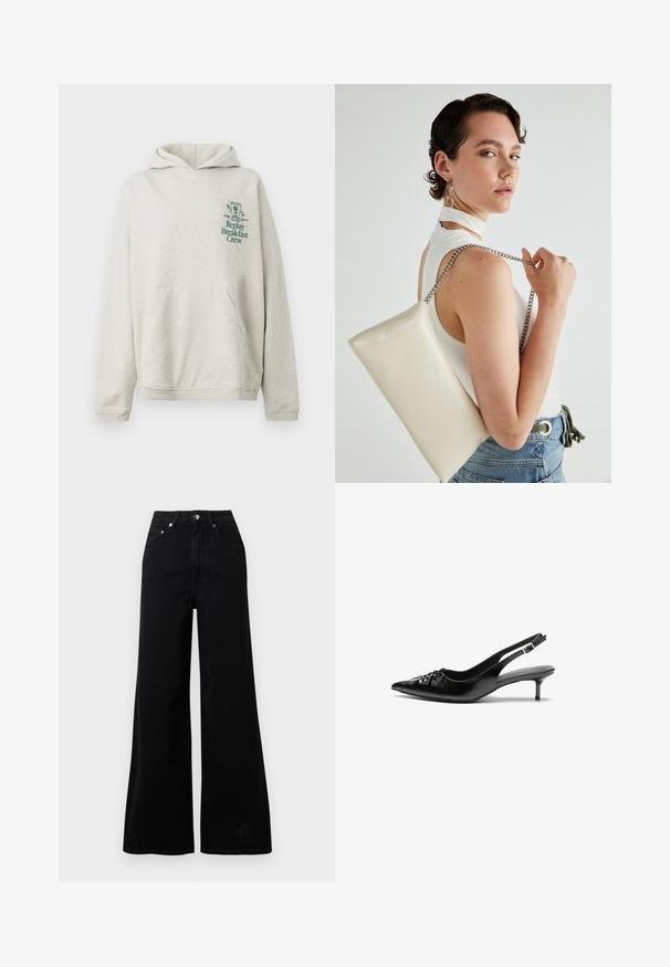 Heled hall higi, mis on valmistatud pehmest kangast, sisaldab eesmist taskut ja kapuutsi. Vasakul rinnakorvil on roheline trükitud tekst ja graafika.; Mustad laia säärega teksad, mis on tehtud deniimist, kõrge vöökoht, viis taskut, esikinnitus nööbiga ja minimaalsed õmblused.; Musthave nahkased kõrged kontsad, millel on terav varvas, väike kitten-kont ja dekoratiivne sõlm ees. Ühtlane sile tekstuur.; Valge ristkülikuline kotti, mis on valmistatud läikivast materjalist, hõbedase ahelsangaga. Mudel poseerib, tutvustades kotti ühtlase taustaga.