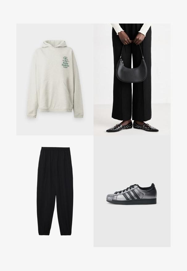 Lys grå hættetrøje lavet af blødt stof, med en lomme foran og hætte. Grøn trykt tekst og grafik på venstre brystområde.; Sort, lette bukser med elastisk talje og sammenfoldede ankler. Stoffet er glat og har et afslappet, indsnævret design.; Sorte og metal-sølvfarvede sneakers med en rundet tå, tre sorte striber og en tekstureret overdel. Sorte snørebånd og gummisål.; Sort læder skuldertaske med rund form, glat finish og sølv hardware. Person iført sorte brede bukser og nitter loafers.