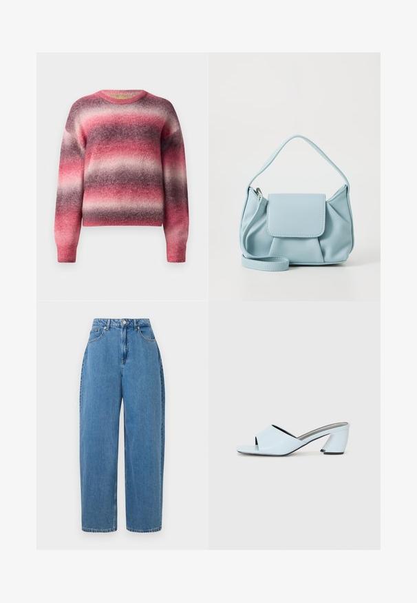 Suéter de malha suave com riscas desfocadas em tons de rosa, roxo e cinza claro, apresentando um decote redondo e mangas longas.; Calças de ganga azul claro com um corte de perna reta, cintura alta e fecho de botão na parte da frente. Apresenta cinco bolsos e detalhes de costura mínimos.; Mules de salto aberto de cor azul clara com um design geométrico, apresentando uma faixa larga sobre o pé e um salto chunky e angular.; Bolsa de mão de couro azul claro com alça superior, bolso frontal com aba e alça de pulso destacável, em fundo branco.