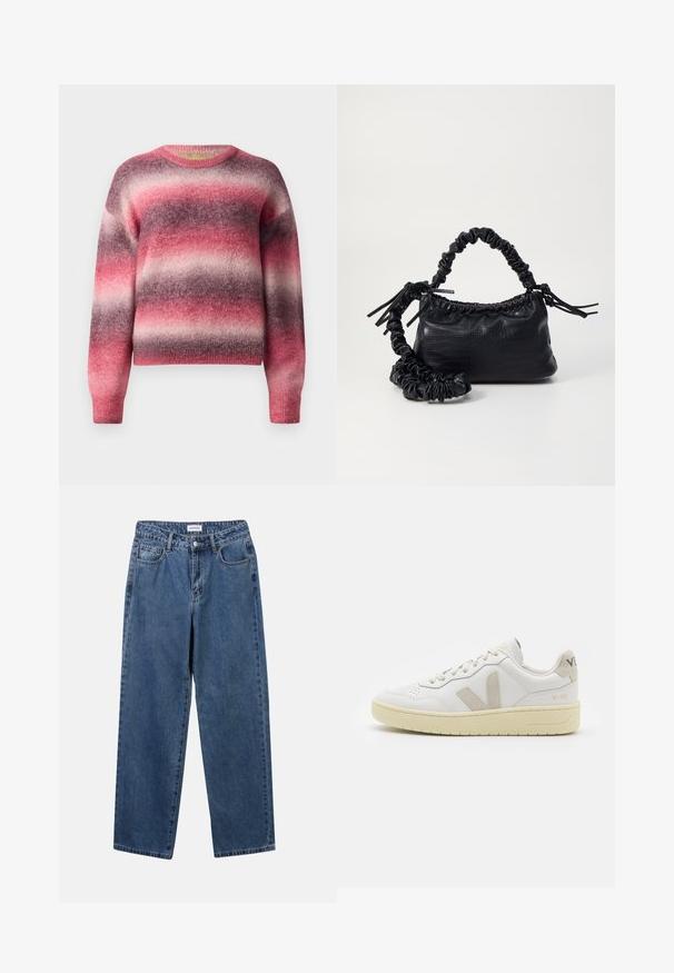 Mīksts adīts džemperis ar horizontālām fuzzy svītrām rozā, purpursarkanā un gaiši pelēkā krāsā, ar apaļu kakla izgriezumu un garām piedurknēm.; Klasiskie zili džinsi ar taisnu kāju dizainu, pieciem kabatām un pogu aizdari. Iezīmējas ar vidēju mazgāšanu un izturīgu tekstūru.; Baltas ādas sporta apavu pāris ar bēšiem zamša akcentiem, caurumiņu purngalā, plakanu šņorēšanu un teksturētu krēmkrāsas zoli. Iezīmējas ar diskrētu zīmolu uz papēža.; Melnā mākslīgās ādas rokassoma ar krokodila rakstu, savilkta augšdaļa un saburzīta siksna. Izskatās mīksta un kompakta pēc dizaina.