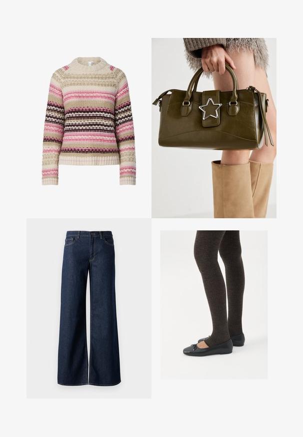 Kreemika, roosa ja pruuni lõngaga kootud sviiter, millel on ümar kaelus, horisontaalsed triibud ja tekstuurilised mustrid. Ribiga mansetid ja ääred.; Laiad teksad tumesinises denimis. Omab kontrastõmblusi, viit taskut ja nupukinnitust vööl. Sile tekstuur.; Mustad mustad kingad väikese teksaga varvaste juures, koos tumedate pruunide ribakangastega. Kingadel on sile tekstuur ja madal profiil.; Oliivroheline kunstnahast käekott koos hõbedase tähe aktsendiga, kahe käepideme ja luku sulgemisega. Tekstuuriga pind ja struktureeritud kuju.