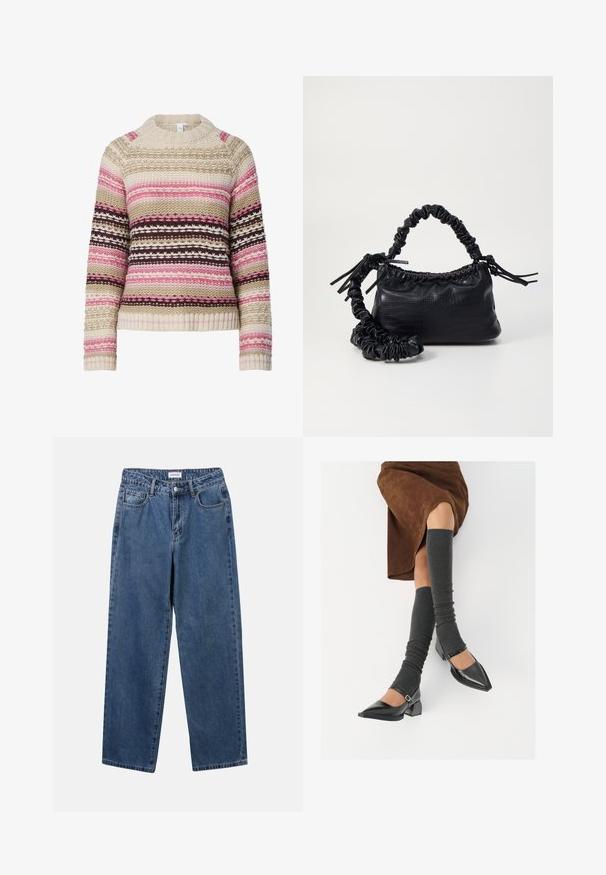 Pulover tricotat în nuanțe de crem, roz și maro, având un guler rotund, dungi orizontale și modele texturate pe întreaga suprafață. Manșete și margine cu model rib.; Jeans clasice din denim albastru, cu un design drept, cinci buzunare și închidere cu nasture. Prezentând o spălare medie și o textură rezistentă.; Pantofi negri din piele lacuită, cu vârful ascuțit, toc bloc și curea la glezna, asortați cu jambiere gri cu nervuri și o fustă din suede maro.; Geantă din faux leather neagră cu textură de crocodil, cu partea superioară strânsă și o curea mototolită. Pare moale și compactă ca design.