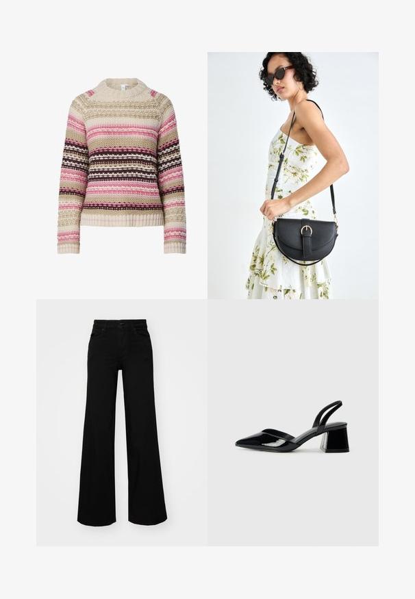 Knit pulover v kremni, roza in rjavi barvi z okroglim izrezom, horizontalnimi črtami in teksturiranimi vzorci po celi površini. Ribani manšeti in rob.; Črne široke denim hlače s strukturiranim pasom, z zankami za pas in sprednjimi žepi. Gladka tekstura s klasičnim dizajnom.; Črne lakirane slingback pete s koničastim nosom in geometrijsko blokasto peto. Imajo eleganten, minimalističen dizajn in gladko teksturo.; Črna usnjena torbica s ukrivljeno obliko, z odstranljivo naramnico in zlatimi dodatki. Torbica ima pokrov s podrobnostmi v obliki zaponke.